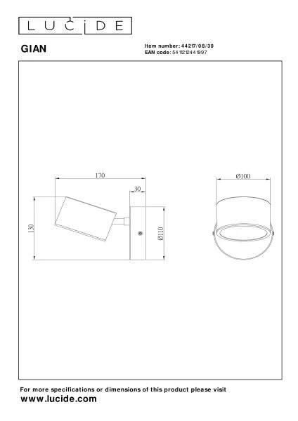 Lucide GIAN - Lámpara de pared - LED Regul. - 1x9W 2700K - Negro - técnico